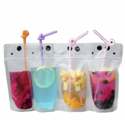 custom Clear Reclosable Zipper Heavy Duty Hand-held Translucent Stand-up Plastic Drink Smoothie Bag Pouches